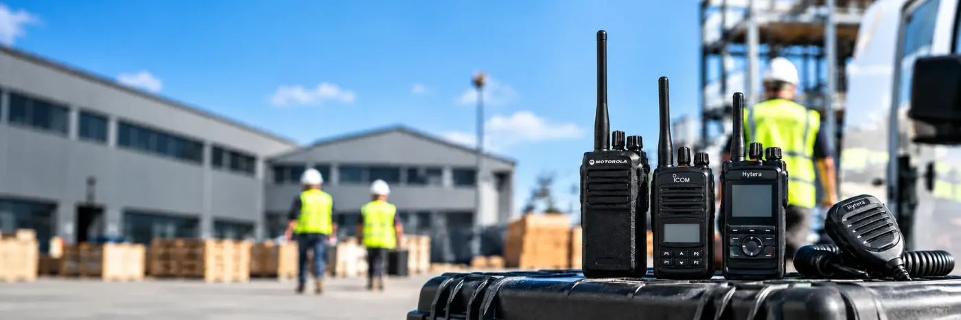Motorola, Icom and Hytera professional two way radios on an equipment case at a construction site.