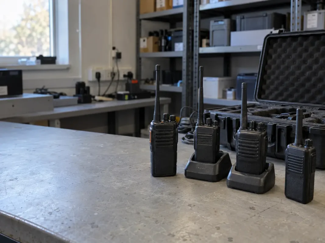 Professional handheld two way radios with charging docks and a protective carrying case in a radio equipment workshop.