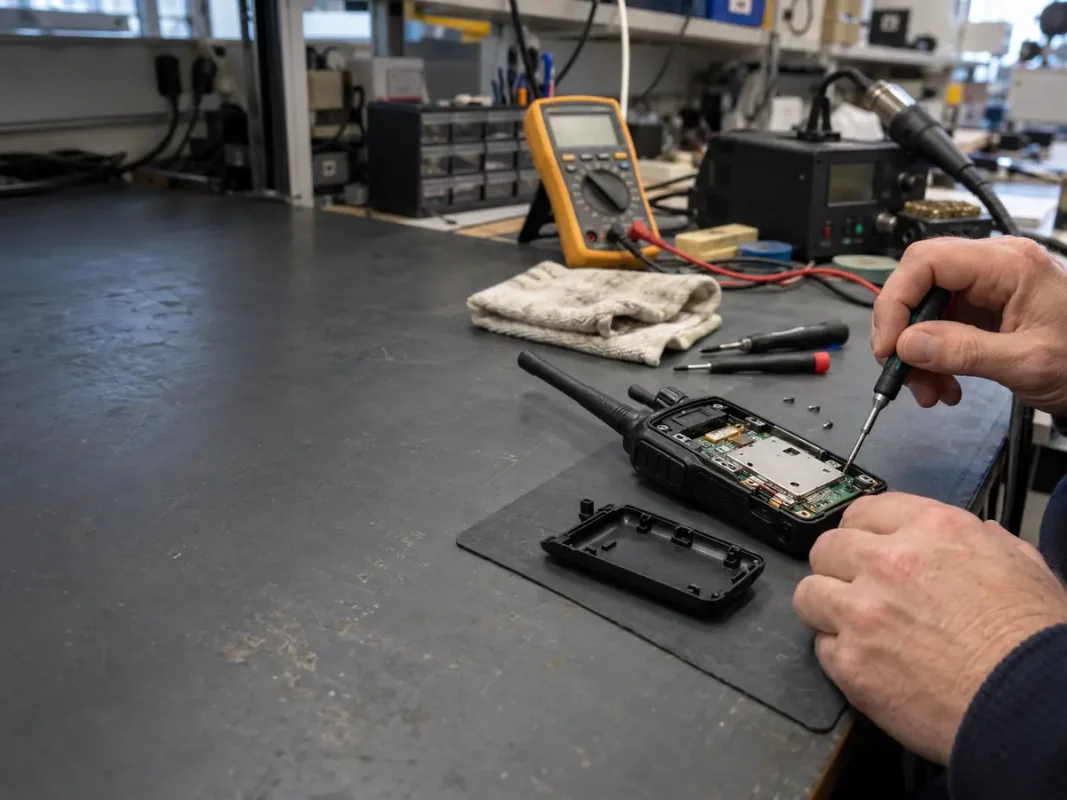 Technician repairing an opened handheld two way radio using specialist tools at an electronics workbench.