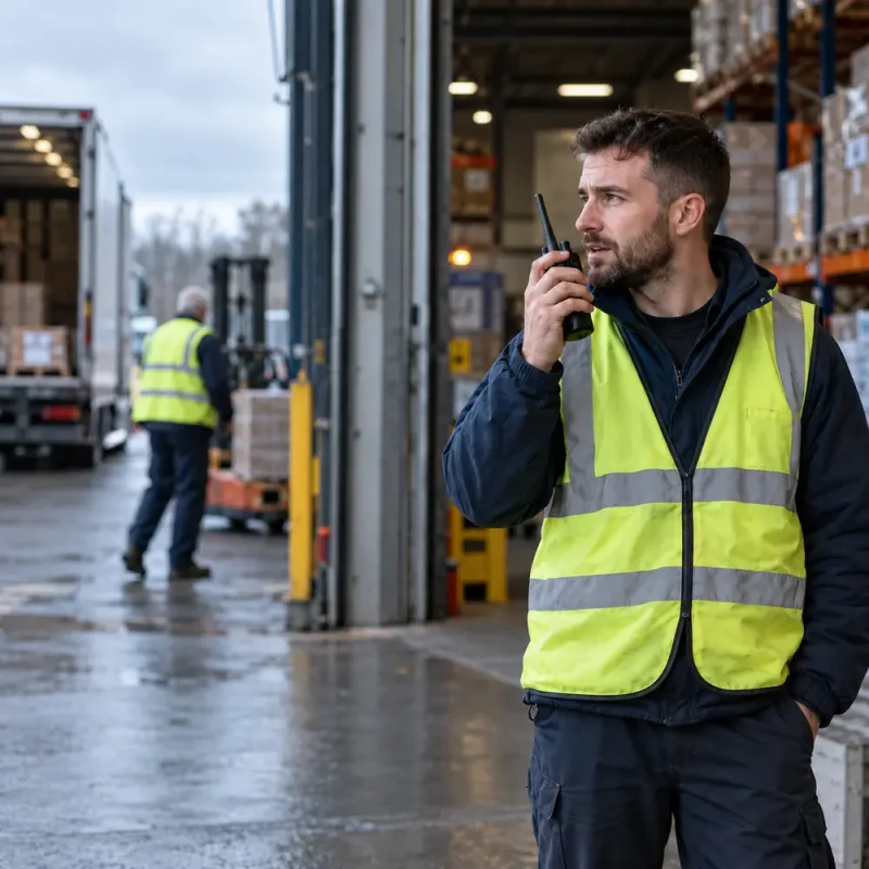 Warehouse worker using a professional two way radio for workplace communication in Ireland